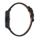 Black watch with a blue dial, black case, crown, and pushers. It has a black leather strap with a tan underside and a black b