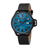 Just Cavalli men's watch with black case, black leather strap, and blue textured dial with date display.