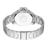 Silver-toned stainless steel watch with a link bracelet. The case back is engraved with 'Just Cavalli' and 'ALL STAINLESS STE
