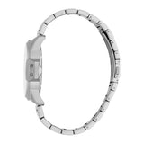 Silver-toned men's watch with an angular case, a crown on the right, and a metal link bracelet with a fold-over clasp.
