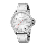 Silver-toned Just Cavalli men's watch with a textured silver-toned dial, red second hand, and metal link bracelet.