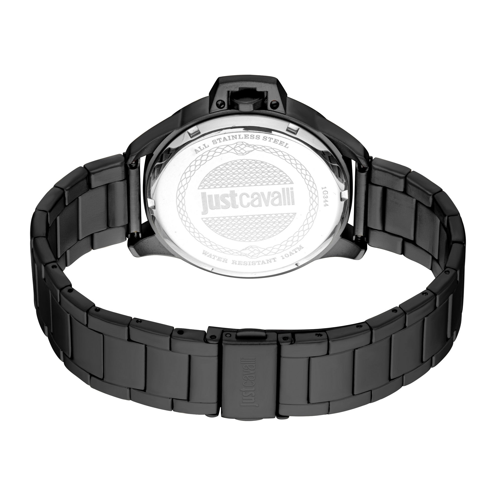 Black men's watch with a black stainless steel link bracelet. Silver-toned case back with "Justcavalli" logo and text.