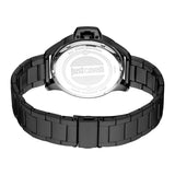 Black men's watch with a black stainless steel link bracelet. Silver-toned case back with "Justcavalli" logo and text.