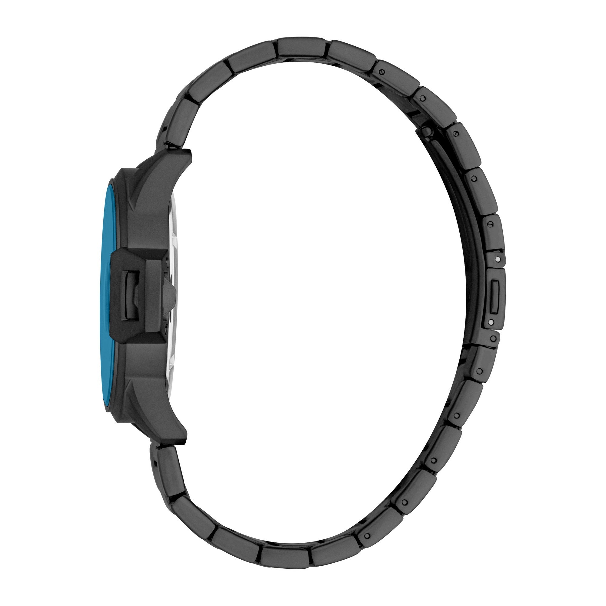 Men's watch with a black case, a bright blue watch face, and a black link bracelet.