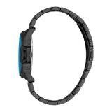 Men's watch with a black case, a bright blue watch face, and a black link bracelet.
