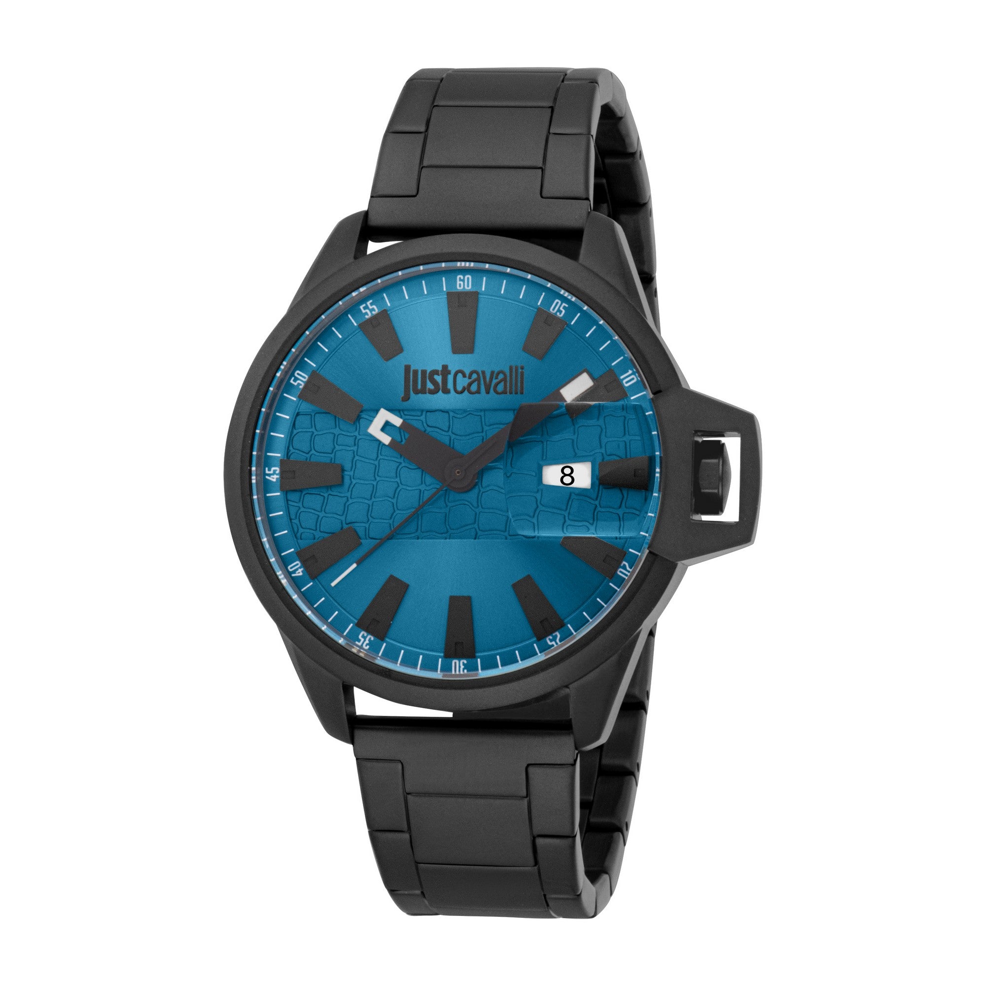 Men's Just Cavalli watch with a black case and link bracelet, featuring a blue dial with a subtle crocodile-like texture.
