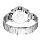 Back view of a silver-toned stainless steel watch with a link bracelet. The case back features the Justcavalli logo.