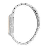 Silver-toned men's watch with a metal link bracelet, a light champagne-toned dial, and a visible crown, viewed from the side.