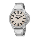Just Cavalli men's watch with a silver-toned angular case, matching link bracelet, and a cream-coloured dial with black recta
