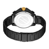 Black metal watch with a black link bracelet. Features a silver-toned case back with 'Justcavalli' logo and a gold-toned crow