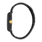 Men's black metal watch with a round case, gold-toned hexagonal crown, and a black link bracelet with a deployment clasp.