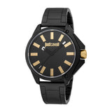 Black Just Cavalli men's watch with a round black dial, gold-toned rectangular hour markers, and a black link bracelet.