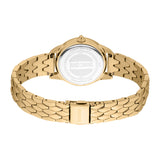 Gold-toned watch with a round case and a metal link bracelet featuring a scale-like pattern. The clasp is engraved with 'Just