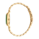 Gold-toned watch with a round case, green side accent, textured crown, and a gold-toned metal link bracelet with a clasp.