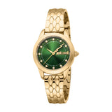 Just Cavalli women's watch with a gold-toned case and hexagonal link bracelet, featuring a green sunray dial with crystal hou