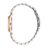 Women's watch with a silver-toned case, rose gold-toned bezel, ridged crown, and a two-toned silver and rose gold-toned link