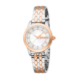 Just Cavalli women's watch with a silver-toned and rose gold-toned hexagonal link bracelet and white mother-of-pearl dial.
