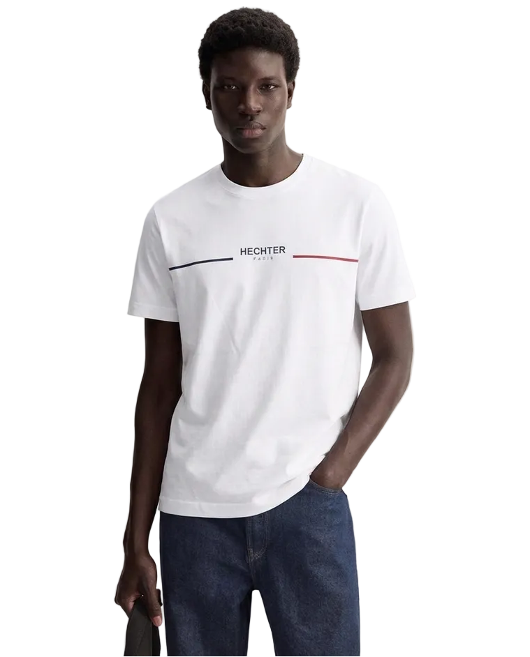White DANIEL HECHTER men's T-shirt with a crew neck and a central "HECHTER PARIS" graphic flanked by blue and red lines.