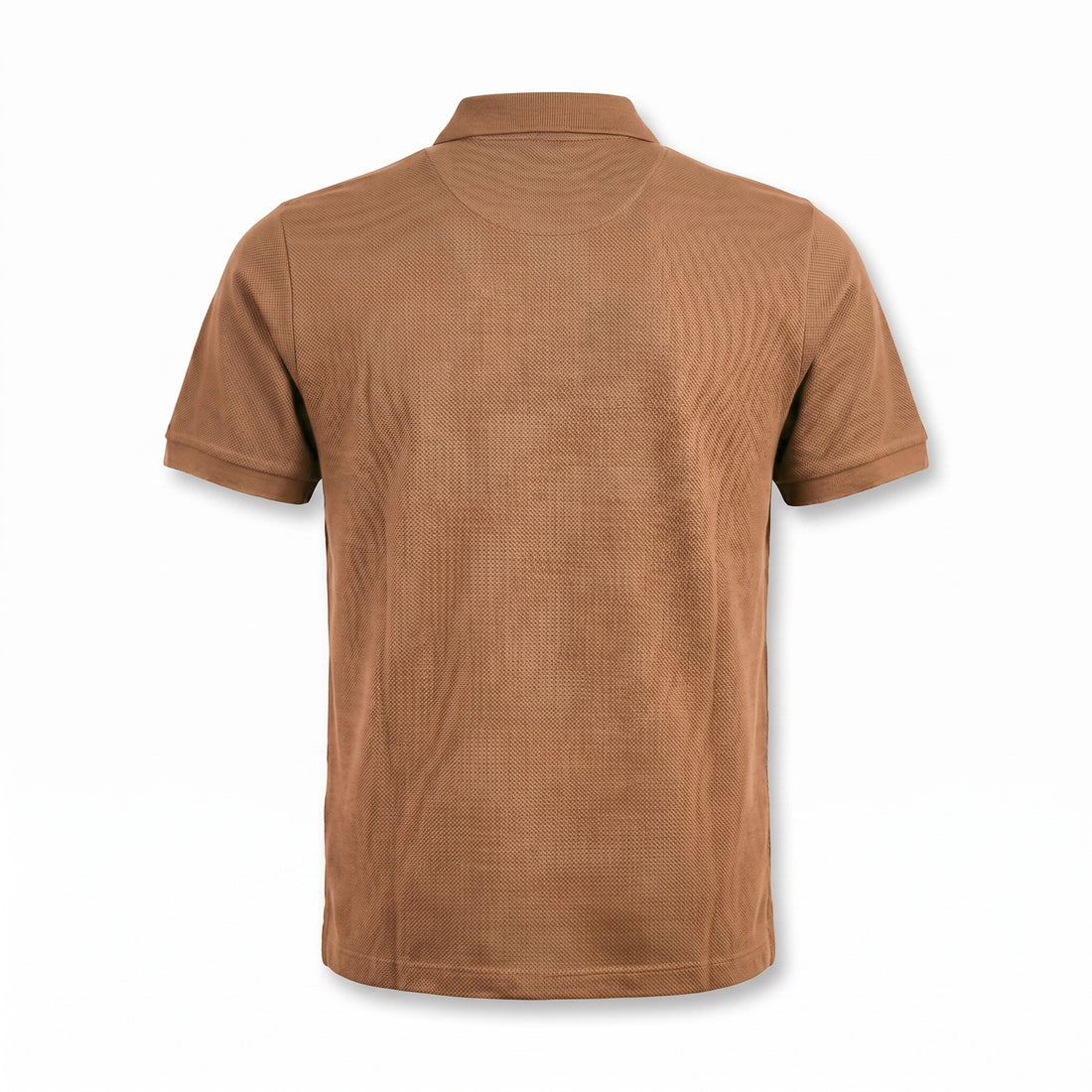 Camel brown short-sleeve polo shirt with a textured knit, ribbed collar, and ribbed cuffs.