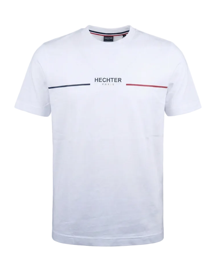 White short-sleeved crew neck t-shirt with 'HECHTER PARIS' logo, a dark blue line, and a red line on the chest. Striped colla