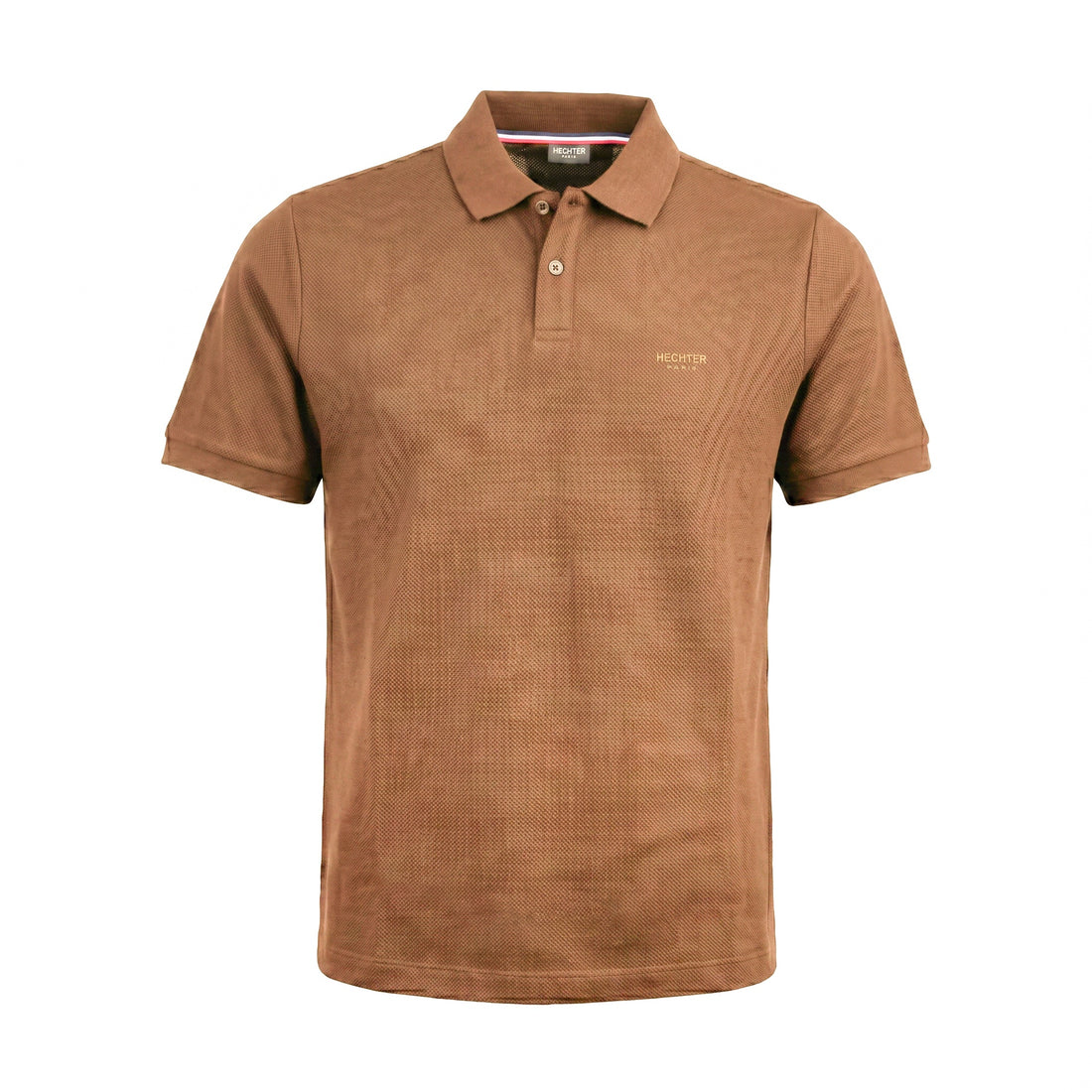 Camel brown pique knit polo shirt with two-button placket and embroidered DANIEL HECHTER logo.