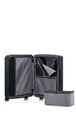 interior view of the Samsonite Voypod Spinner medium in Black, revealing the grey recycled fabric lining, height-adjustable packing straps, and dual zippered divider pads. Find Online Today