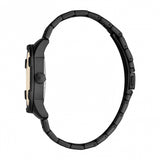 Black metal watch with a black case, gold-toned side detail, black crown, and black link bracelet.