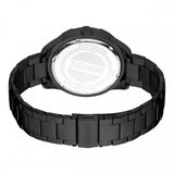 Black men's watch with a metal link bracelet. Silver-toned case back has 'Just cavalli' text and subtle snake pattern.