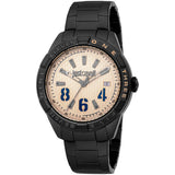 Black JUST CAVALLI men's watch with a round case, black link bracelet, and a cream-coloured patterned dial.