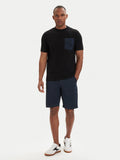 Black crewneck t-shirt with short sleeves and a dark blue textured square pocket on the left chest.