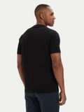 Black crewneck t-shirt with short sleeves, smooth fabric, plain back.
