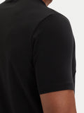 Black short-sleeve t-shirt with a smooth texture, showing a shoulder seam and hemmed sleeve.