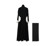 Front view of the Lamar LB243 Black Abaya with white floral appliqués on sleeves and a matching scarf.