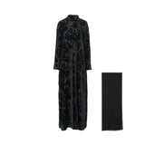 Front view of the Lamar LB253 Black Abaya showing the all-over floral texture and mandarin collar.