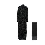 Full-length back view of the LB253 abaya highlighting the continuous botanical pattern and drape.