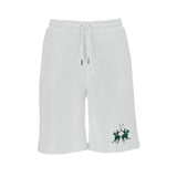 Optic white jersey bermuda shorts with elasticated drawstring waist, silver-toned tips, and dark green embroidered polo logo.