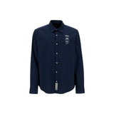 Navy blue long-sleeved button-up shirt with white buttons and white embroidered text and polo player logos on the right chest