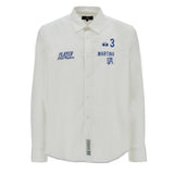 Optic white cotton long-sleeve button-up shirt with blue embroidered 'PLAYER Field Captain' on left chest and '3 MARTINA IA'