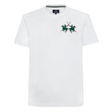 White short-sleeve crew neck t-shirt with a dark green embroidered polo players logo on the left chest and green neck trim.