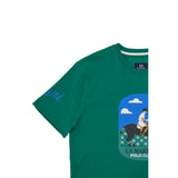 Green short-sleeved crew neck t-shirt with a polo player graphic including 'LA MARTINA POLO CLUB' text. Blue cursive 'ori' on