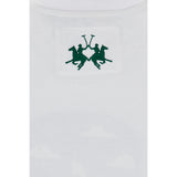 Optic white t-shirt with a green embroidered logo of two polo players on horseback on a white patch.