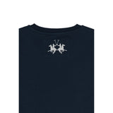 Dark blue crew neck t-shirt with a white embroidered logo on the upper back depicting two polo players on horseback.
