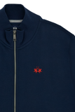 Navy blue full-zip sweatshirt with a ribbed stand-up collar, silver-toned zipper, and red embroidered polo logo on the chest.