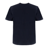Back view of a plain dark blue knit T-shirt with short sleeves, a ribbed crew neck, and simple hems.