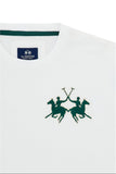 Optic white short-sleeved t-shirt with a dark green embroidered polo player logo on the chest and a dark green inner collar.