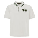 Optic white polo shirt with a collar featuring two dark green stripes, a two-button placket, and a dark green polo player log