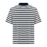 Back view of an off-white short-sleeved polo shirt with horizontal navy stripes and a solid navy collar.