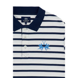 Off-white and navy striped polo shirt with a solid navy collar, three white buttons, and a light blue embroidered polo logo o