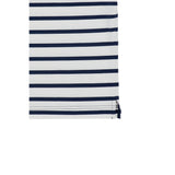 Off-white and navy blue striped polo shirt with a double-stitched hem and a small side slit.