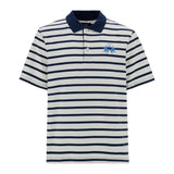 Striped off-white and navy polo shirt with a navy collar, three-button placket, and light blue embroidered polo logo.